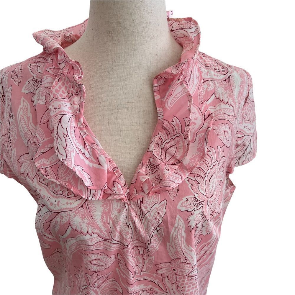 Talbots Pink Floral Damask Ruffle V Neck Cap Sleeve Cotton Blouse Small
